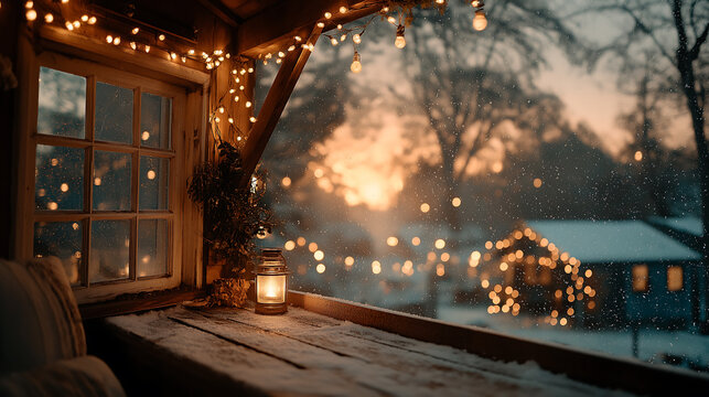 Cozy winter scene with lantern and lights on snowy porch at dusk or dawn - Powered by Adobe
