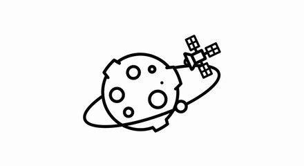 Minimalist Line Art Depiction of an Exoplanet Orbiting with Satellite Exploration