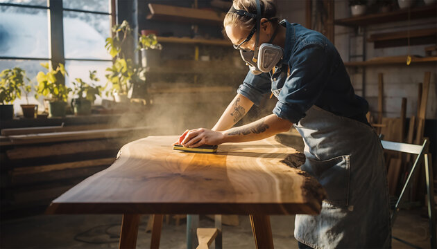 Woman wearing respirator mask sanding wooden slab with orbital sander in workshop - Powered by Adobe
