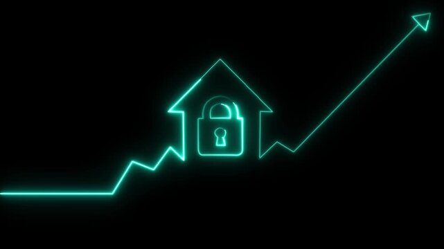 Glowing neon line House under protection icon isolated on black background. Home and lock. Protection, safety, security, protect, defense concept.