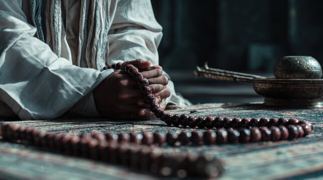 Spiritual Reflection: Man in Prayer with Beads on Ornamented Carpet