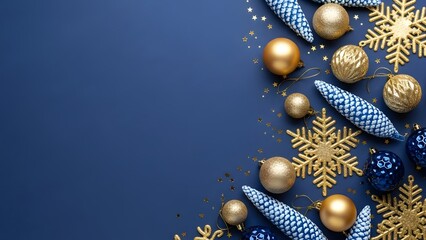 Festive Blue Background with Golden Snowflake and Pine Cone Christmas Ornaments Scattered Across the Bottom Right Corner