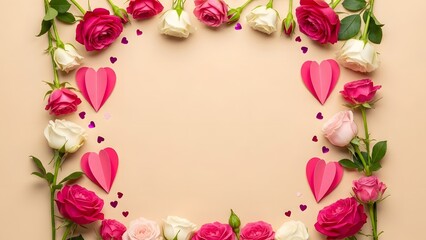 Beautiful floral frame with pink and white roses and pink heart decorations, perfect for Valentine's Day or romantic occasions