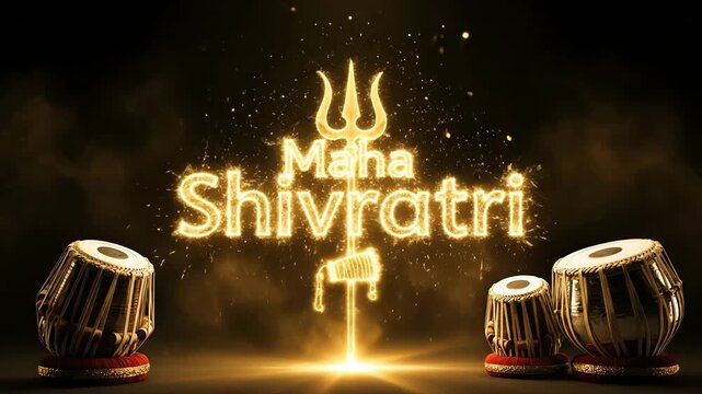Golden glowing maha shivratri graphic featuring lord shiva trishula symbol and traditional tabla drums on dark background