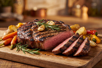 Ribeye steak with baked vegetables
