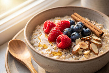 Oatmeal with raspberries, blueberries, nuts and cinnamon
