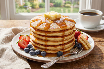 Breakfast with pancakes with butter, honey, strawberries, and blueberries