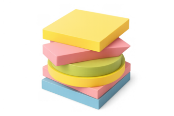 Stack of colorful geometric shapes creating an abstract pastel 3d composition with a transparent background