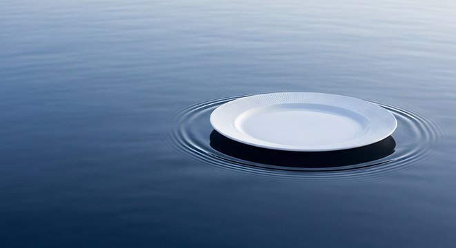 Minimalist white plate adrift in calm blue water with radiating ripple effect offering peaceful visuals