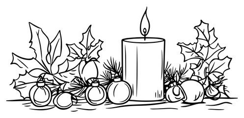 Christmas candle decoration with holly leaves and baubles vector sketch