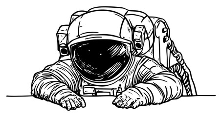 Astronaut looking out from hole curiosity concept vector sketch