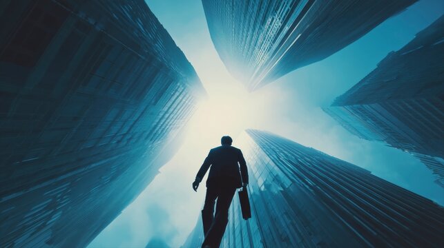 高層ビルの狭間を歩くビジネスマン ― 未来へ向かう挑戦者