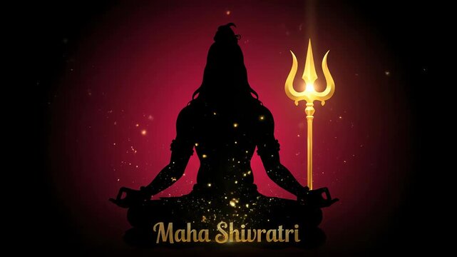 Lord shiva meditating golden trident silhouette glowing graphic illustration mystical deep red shivratri background