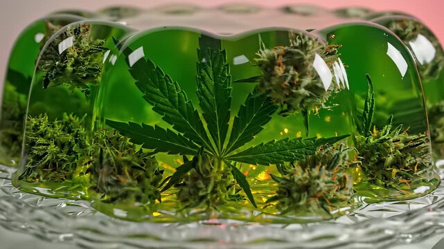 Glass bowl filled with green marijuana liquid and intricate jelly designs, accompanied by lush marijuana plants and vibrant moss, perfectly encapsulating the concept of mello indulgence.