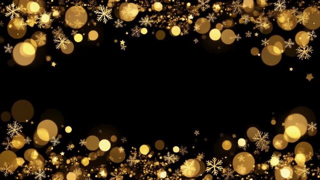 Golden bokeh lights and snowflakes frame a black background, creating a festive and elegant border effect.