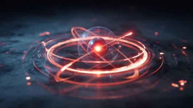 Quantum Core: An abstract representation of an atom's core, showcasing the nucleus with orbiting electrons in a stunning display of scientific principles and aesthetic visualization. 