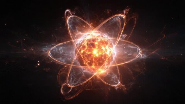 Cosmic Atom: A visual symphony of science and light, depicting an atom with orbiting particles amidst a vibrant, energetic cosmos, a symbol of the fundamental building blocks of the universe.