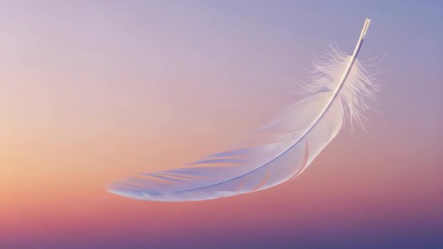 A soft, ethereal white feather gracefully floats against a dreamy backdrop of calming lavender, rose, and sky hues, embodying lightness and serenity
