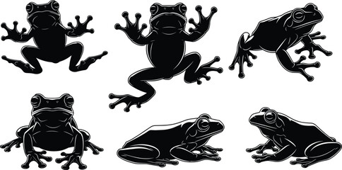 Set of detailed black frog silhouettes, isolated vector illustration of amphibian toads, wild nature animal icons, flat design glyphs for logo graphic elements collection