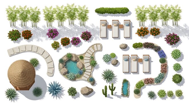 Aerial view of a modern landscape design with pool and seating areas