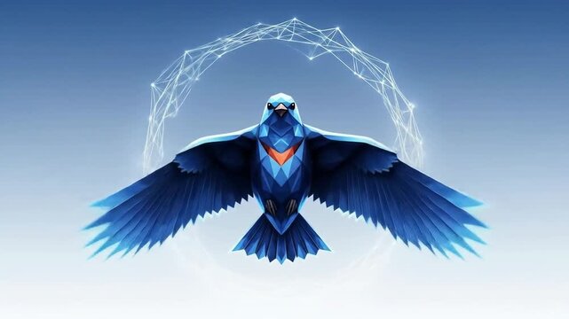 Vibrant blue digital bird with majestic wings soaring, encircled by a futuristic glowing network, embodying freedom, innovation, and global digital connectivity