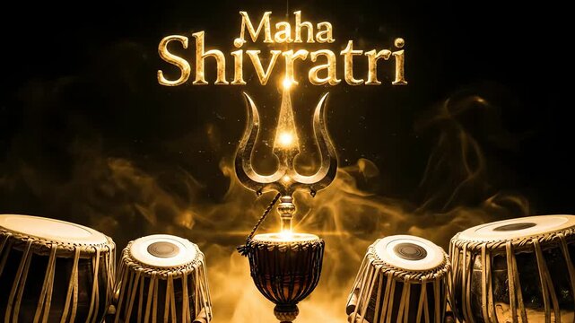 Lord shiva symbolic trishula glowing brightly with tabla drums celebrating maha shivratri festival in a dramatic dark setting
