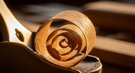 Extreme close-up of curled wood shaving on hand plane blade in warm light