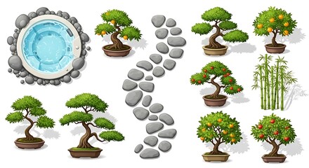 Collection of japanese zen garden elements with bonsai trees and stepping stones