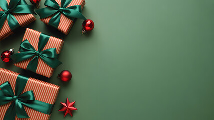Festive arrangement of christmas presents with green bows and red ornaments on green background