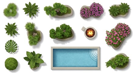 Top down view of garden elements and swimming pool design elements