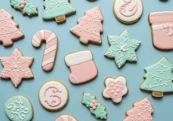 Top view of charming pastel Christmas gingerbread cookies in various shapes on a light blue background, festive holiday treats