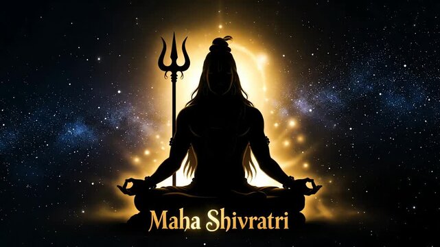 Lord shiva meditating silhouette glowing golden light cosmic starry background maha shivratri concept