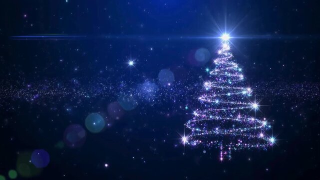 Sparkling Christmas tree outlined with lights against a dark, starry background.