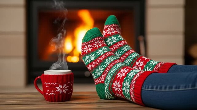 Cozy winter moment featuring steaming hot drink and festive patterned socks relaxing near a warm glowing fireplace - Christmas 4k Video