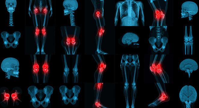 An intricate medical visualization displaying a set of human skeletal structures, emphasizing various joints with a prominent red glow against a dark backdrop.