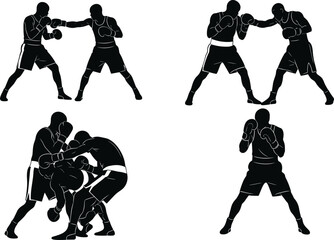 Set of boxing silhouettes vector illustration, men fighters in gloves sparring and punching each other, isolated on white background for sport design.