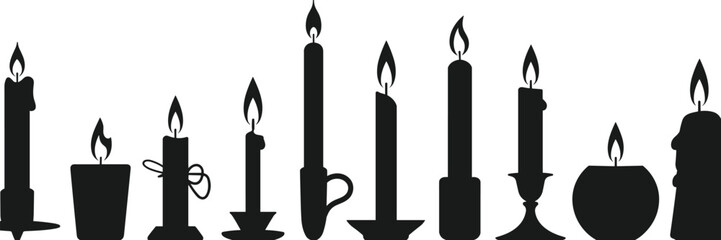 Collection of burning candles vector illustration with different shapes and holders, romantic light, wax candle silhouettes, vintage decor elements for design