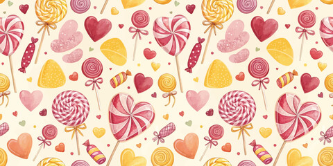 A vibrant pattern featuring colorful candies and sweets in various shapes and sizes.