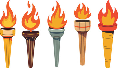 Collection of burning torches with wooden and metal handles vector illustration for fire symbol, adventure, festival, and tribal design