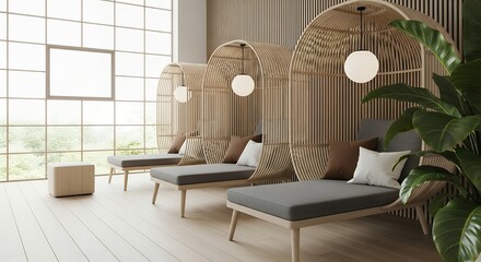 Three modern chaise lounges with decorative woven pods and soft cushions sit near a large grid window overlooking lush greenery natural materials interior design relaxation spa wellness