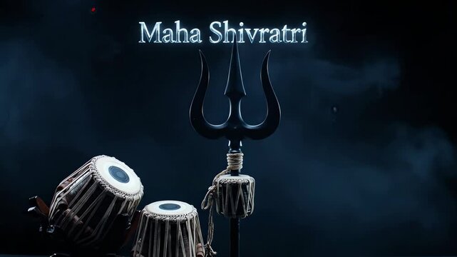Lord shiva trident and tabla drums dark moody background maha shivratri celebration graphic