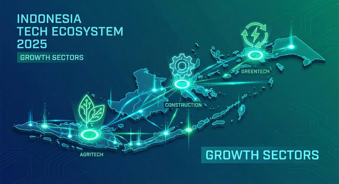 Indonesia Tech Ecosystem 2025 Map Displaying Key Growth Sectors - Powered by Adobe