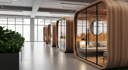 Modern interior hallway with curved wood and glass pods contemporary office pods natural light from large windows and abundant green plants in a planter architecture design workspace