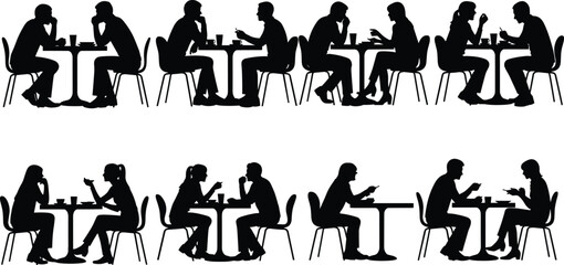 Set of black vector silhouettes illustrating diverse couples and pairs of men and women sitting at small cafe tables, talking, eating, and drinking, representing social interaction and dining.