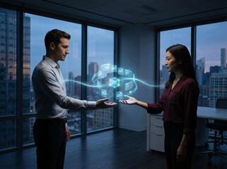Futuristic data transfer hologram between two professionals