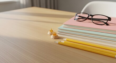 Clean study desk with neatly stacked books, sharp pencils, and reading glasses under warm sunlight for a National Mentoring Month concept