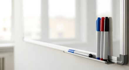 Bright empty whiteboard with colorful dry erase markers ready for teaching, learning, and effective mentorship concept during National Mentoring Month