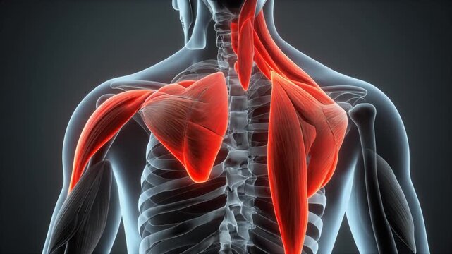 Anatomical illustration highlighting the human shoulder and upper back musculature with emphasis on the trapezius and deltoid muscles, rendered in a scientific 3D model