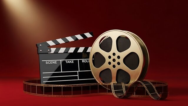 Film clapper board and reel with film strip on a red background. Movie concept.
