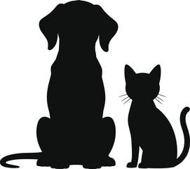 Silhouette of sitting dog and cat together isolated on white background, pet friendship vector illustration for animal care and veterinary design